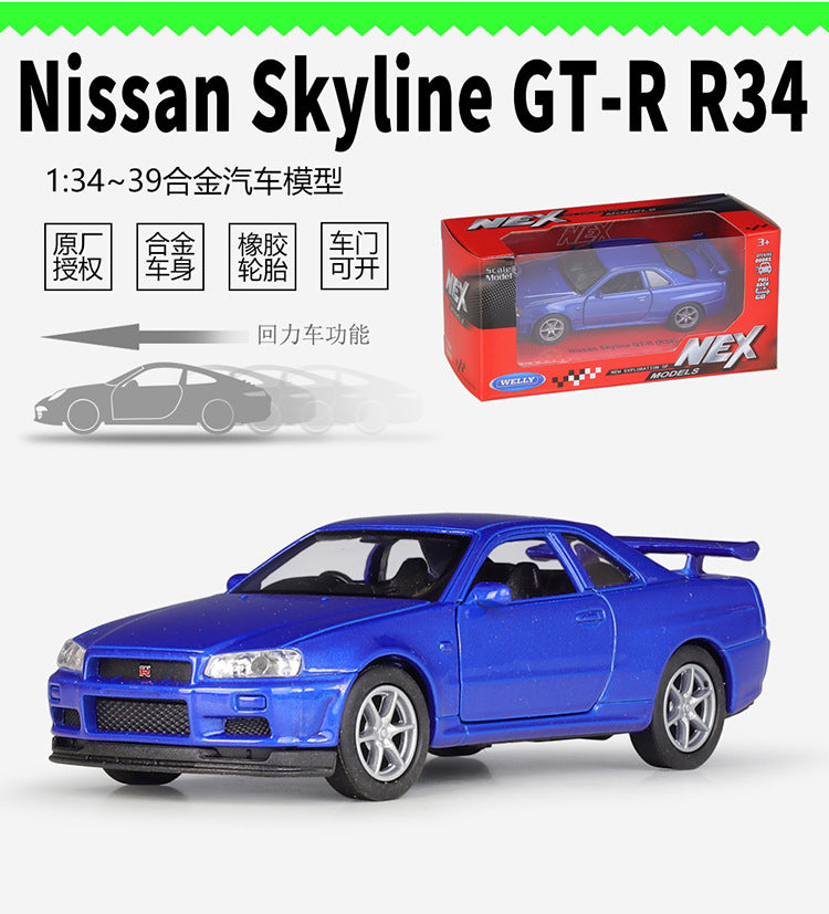 1/36 Scale Nissan Skyline GT-R R34 Sports Car Diecast Model Pull Back Toy