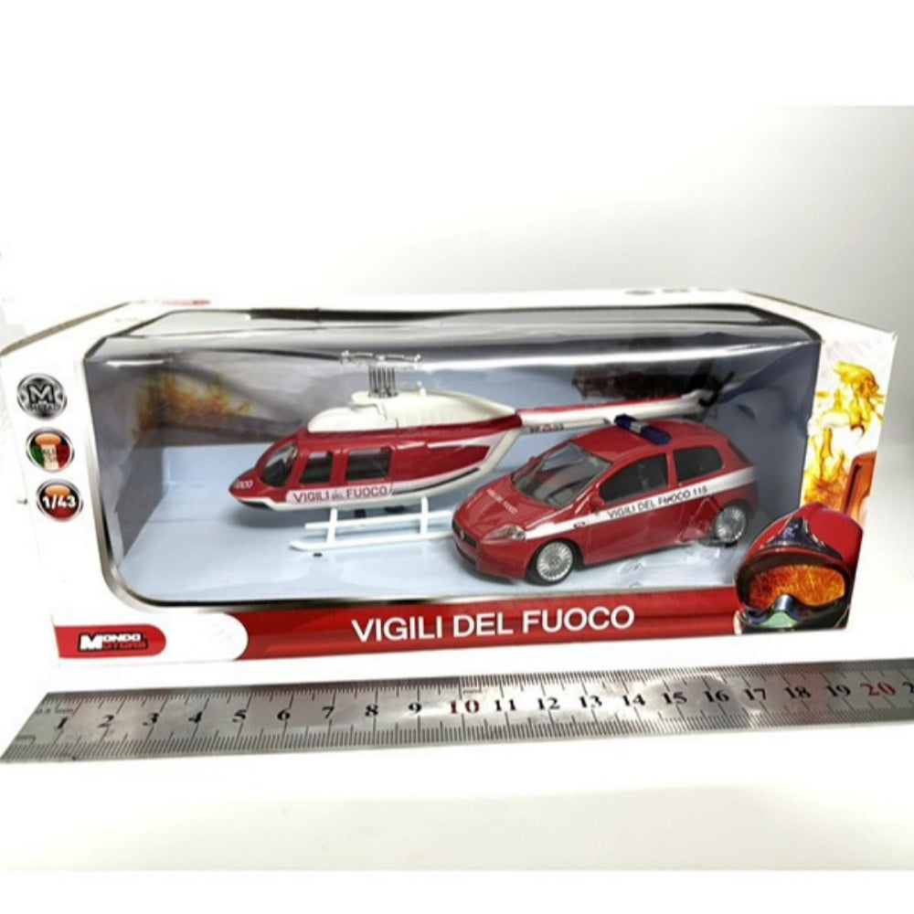 1/43 Scale Mondo Motors Italian Fire Rescue Fiat Panda + Helicopter Set Diecast Model